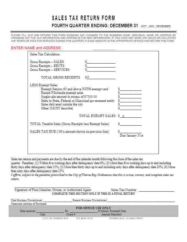 Sales Tax Quarter 4 City of Thorne Bay